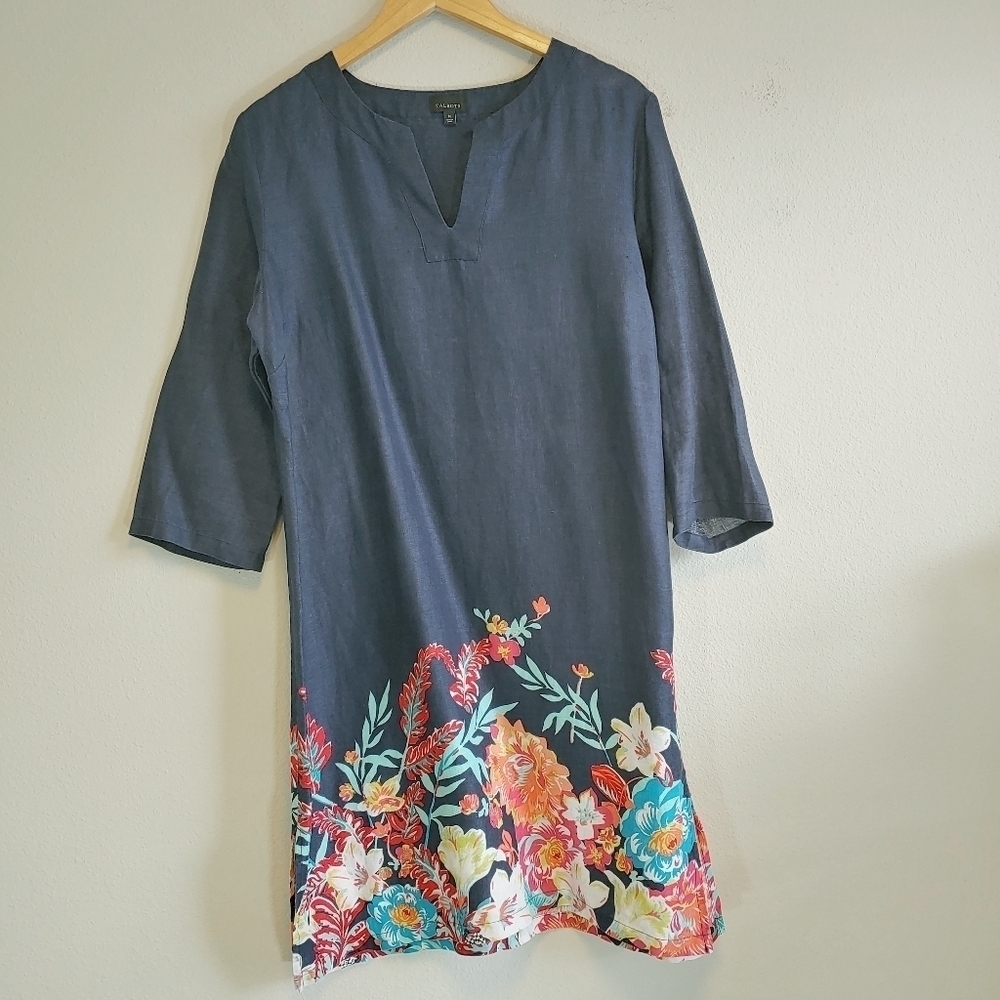 Talbots Floral Linen Navy Blue Split V Neckline Dress Sz M Office Career Party